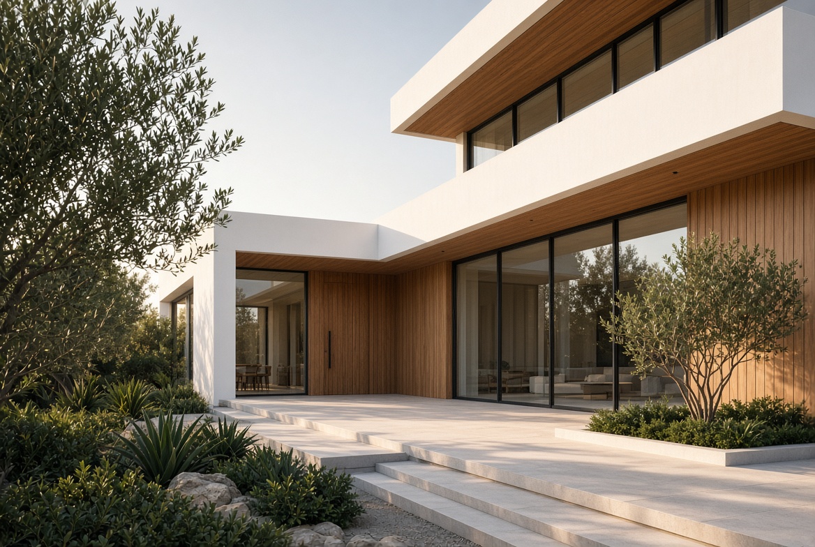 Modern architectural exterior of a contemporary residence with warm materials and clean lines